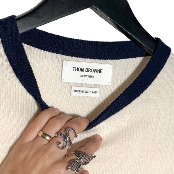 Thom Browne Ivory Colourblock Red Navy Cashmere Crewneck Sweater - Picture 4 of 9